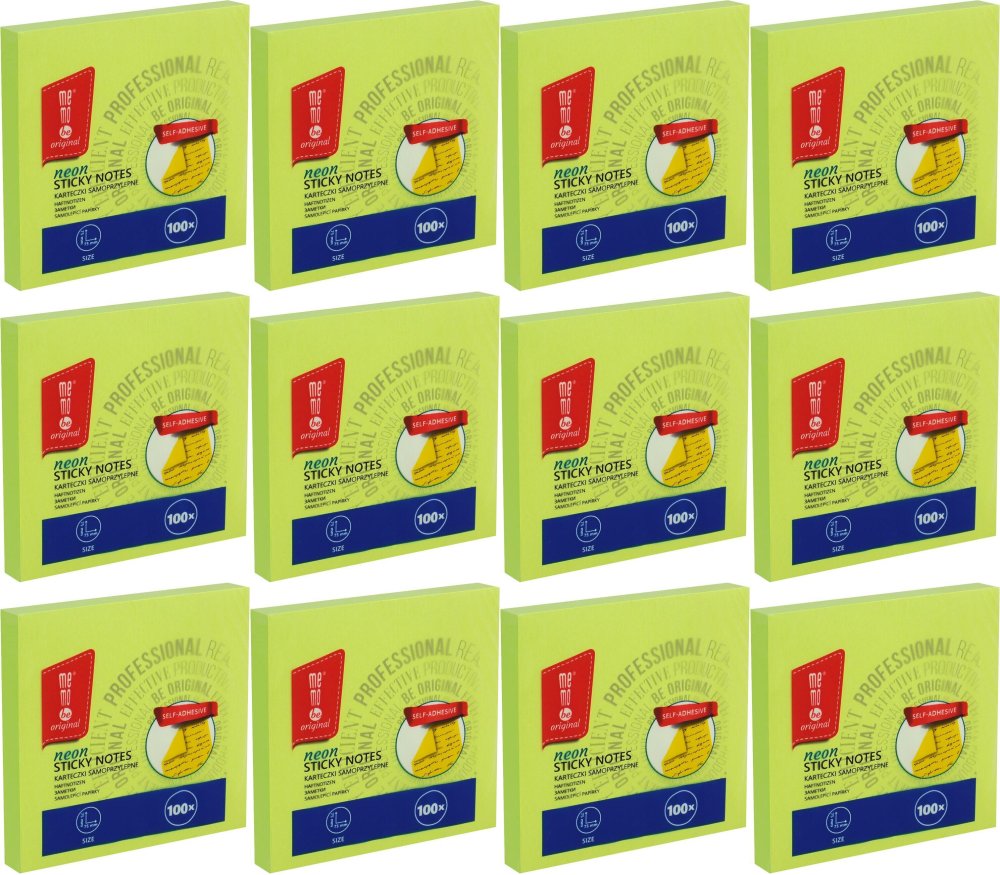 12x Karteczki samoprzylepne MemoBe, 75x75mm, 100 karteczek, neonowy zielony