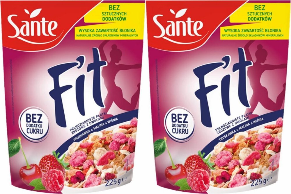 2x Płatki śniadaniowe Sante Fit, truskawka/malina/wiśnia, bez cukru, 225g