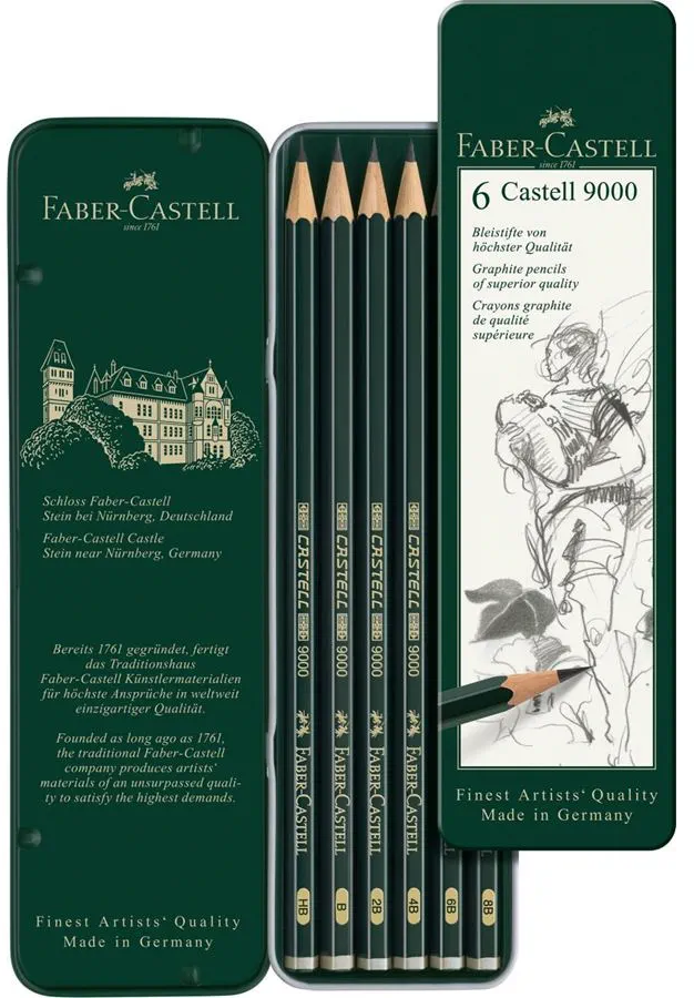 Ołówek Faber Castell, Castell 9000, sześciokątne, 6 sztuk, metalowe opakowanie