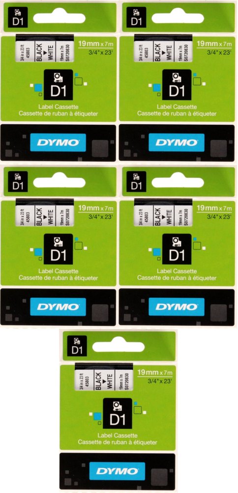 5x Taśma Dymo D1, 19mmx7m, nadruk czarny, taśma biała