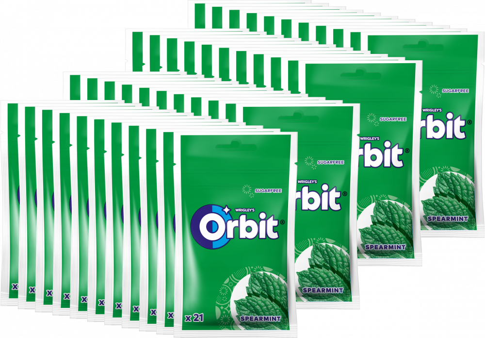 44x Guma do żucia bez cukru Orbit Spearmint, miętowy, torebka, 21 drażetek