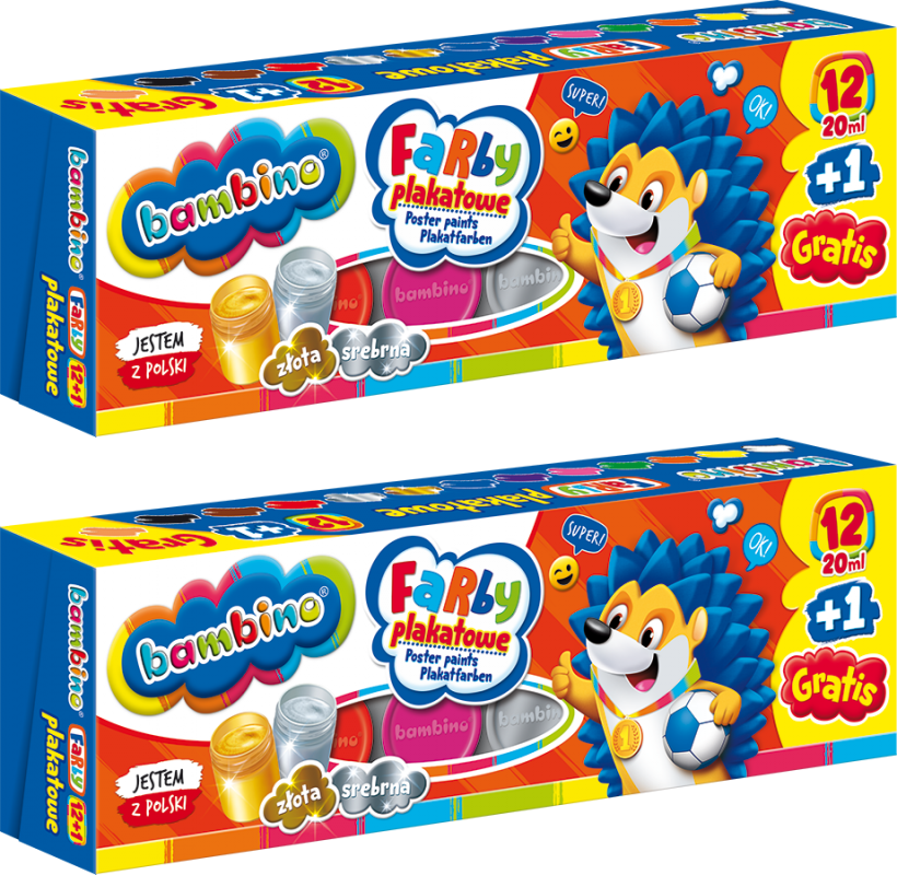 2x Farby plakatowe Bambino Zwierzaki Uczniaki, 20ml, 12 sztuk + cielista Gratis, mix kolorów