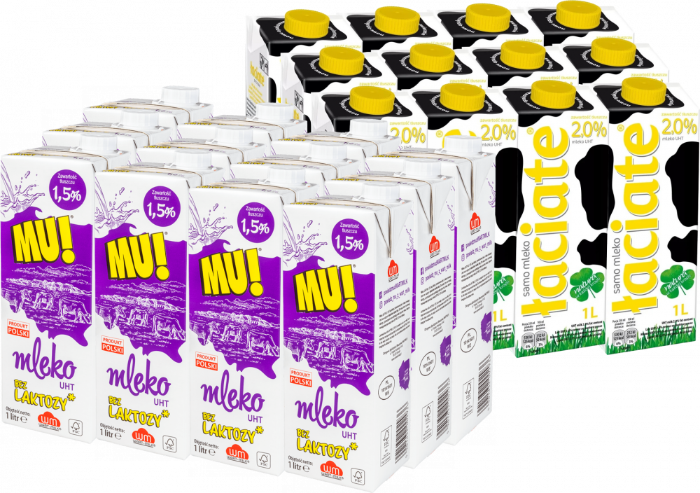 Zestaw 12x Mleko UHT Łaciate, 2%, 1l + 12x Mleko UHT Wart-Milk MU!, bez laktozy, 1.5%, 1l
