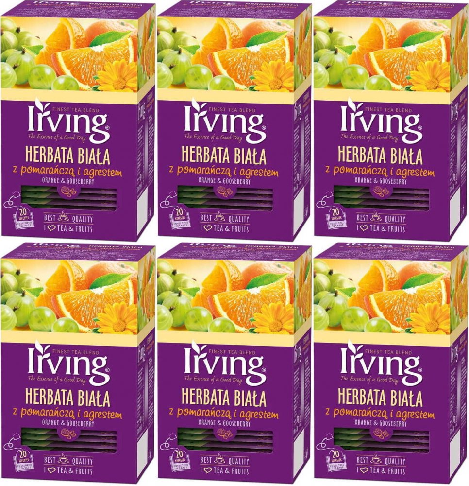 6x Herbata biała smakowa w kopertach Irving, pomarańcza z agrestem, 20 sztuk x 1.5g