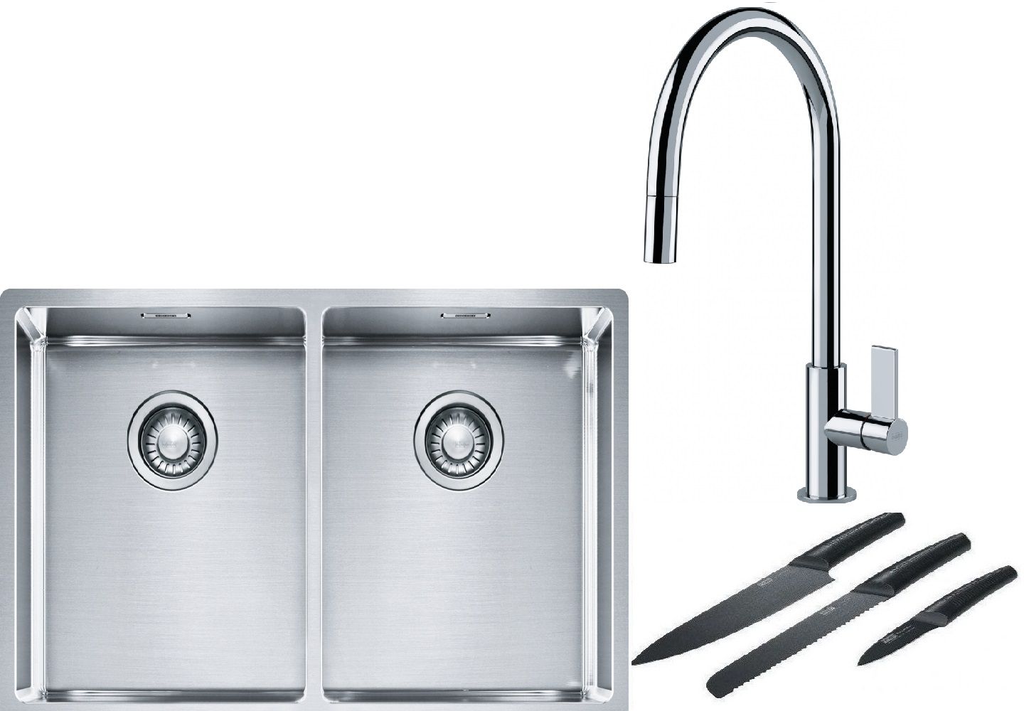Franke Box BXX 220/120 34-34 zlewozmywak 74x45 cm stalowy z baterią kuchenną Ambient chrom i zestawem noży kuchennych (1270370188, ...