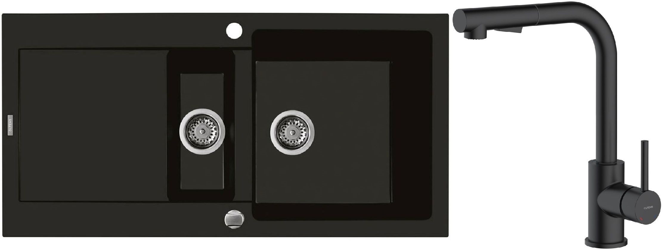 Zestaw Oltens Gravan zlewozmywak granitowy 1,5-komorowy 100x50 cm z baterią kuchenną Myvat czarny mat (72300300, 35205300) - Wysyłka w 24h