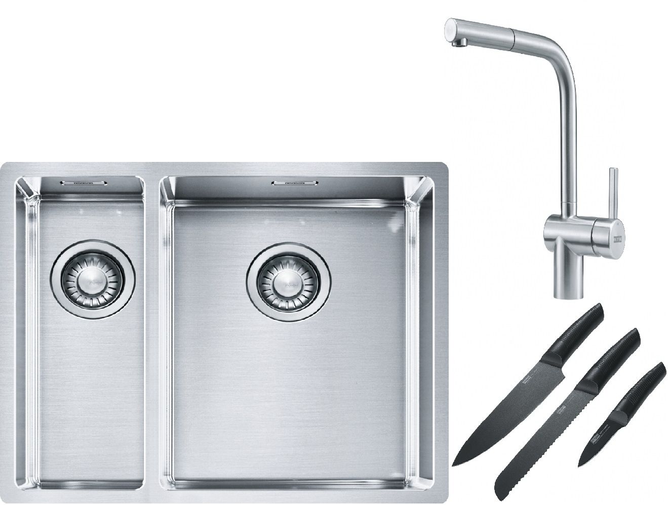 Franke Box BXX 260/160-34-16 zlewozmywak 56x45 cm stalowy z baterią kuchenną Atlas stal szlachetna i zestawem noży kuchennych ... - Wysyłka w 24h