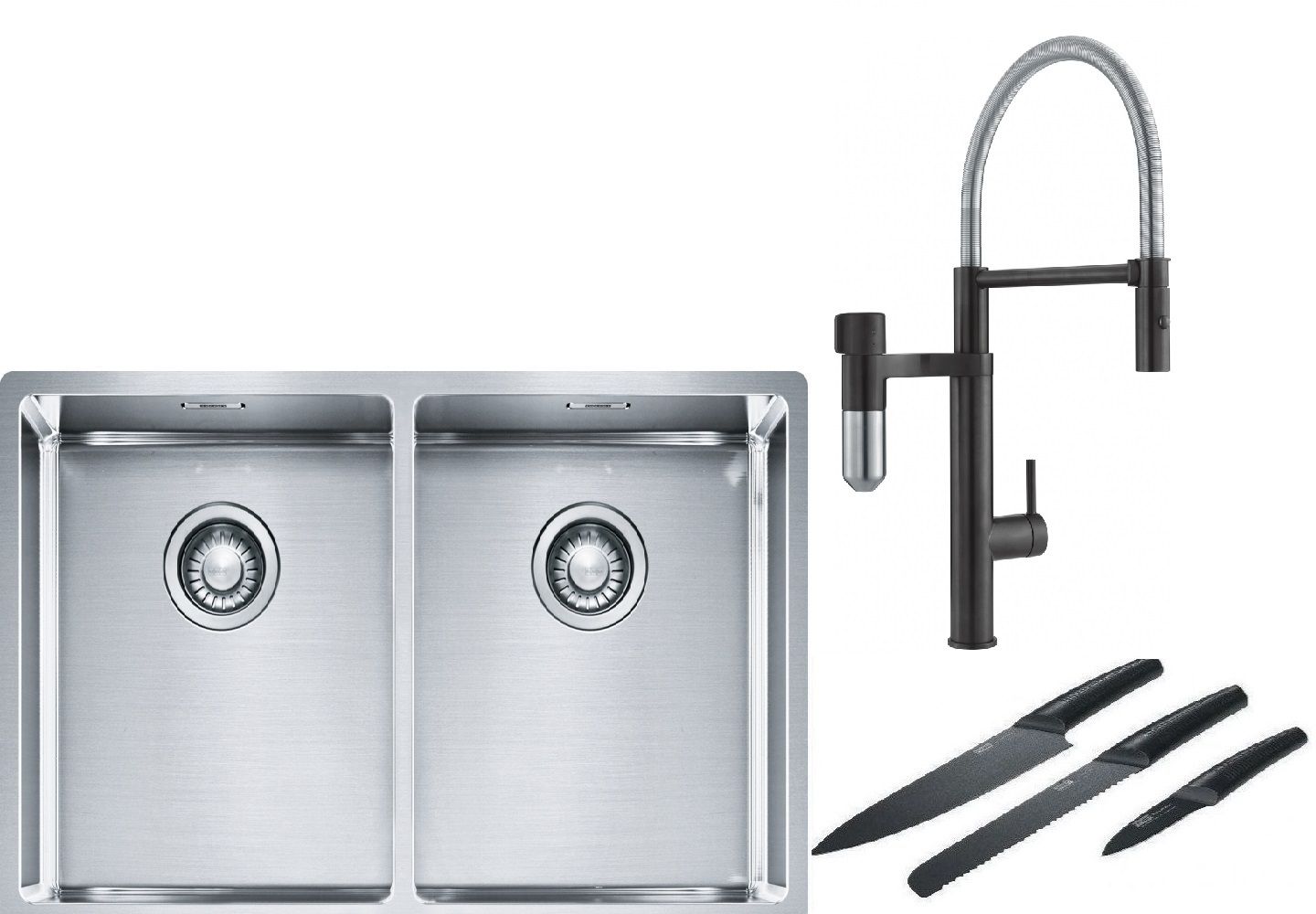 Franke Box BXX 220/120 34-34 zlewozmywak 74x45 cm stalowy z baterią kuchenną Vital Semi-Pro czarny mat/stal i zestawem noży kuchennych ... - Wysyłka w