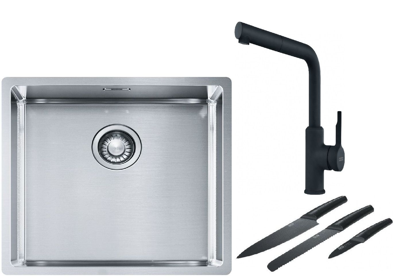 Franke Box BXX 210/110-45 zlewozmywak 49x45 cm stalowy z baterią kuchenną Urban czarny mat i zestawem noży kuchennych (1270453655, ...