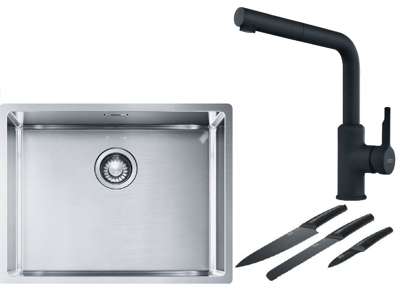 Franke Box BXX 110-54/ BXX 210-54 zlewozmywak 58x45 cm stalowy z baterią kuchenną Urban czarny mat i zestawem noży kuchennych ...