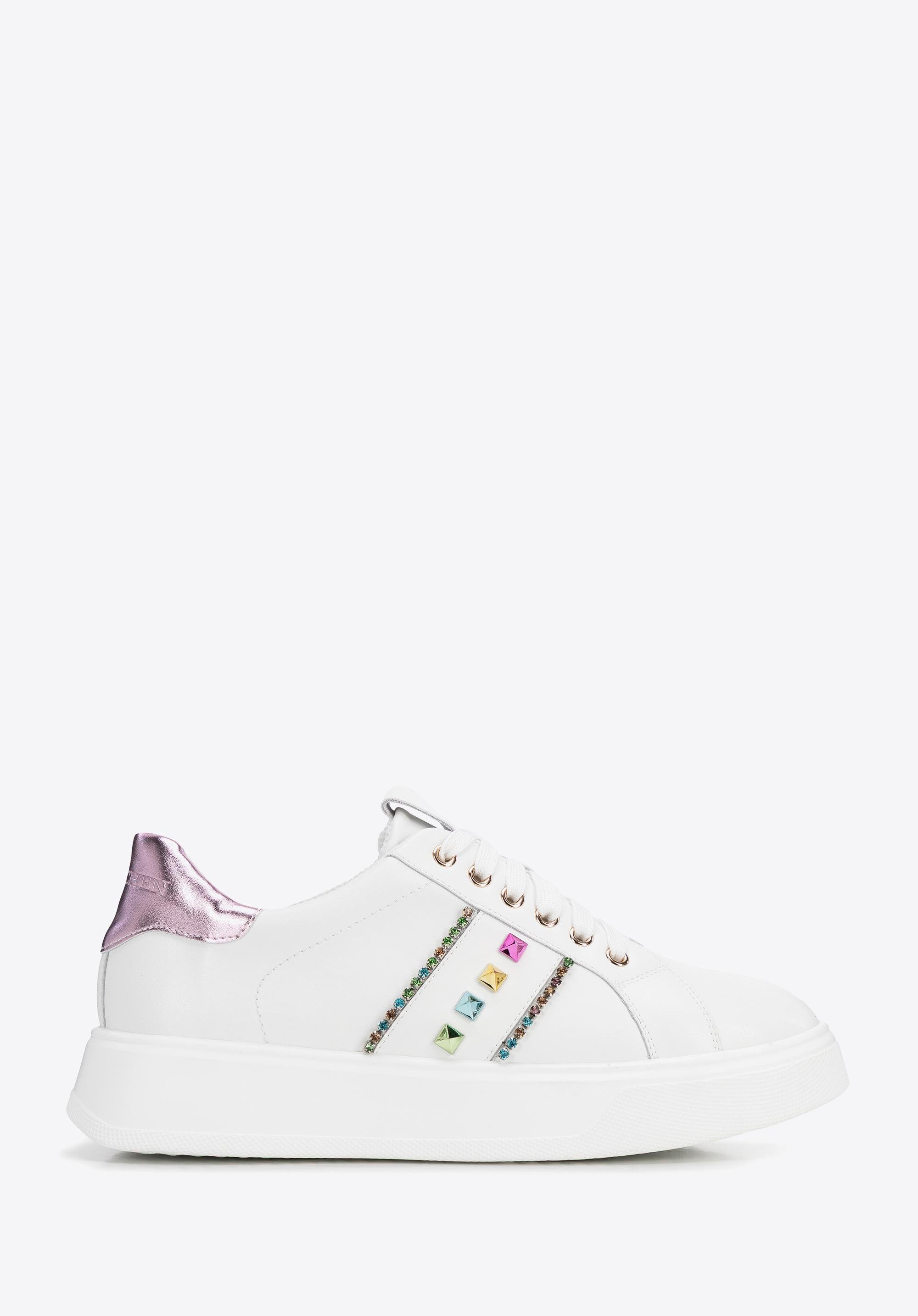 Sneakersy z imitacji skóry z ozdobami biało - różowe