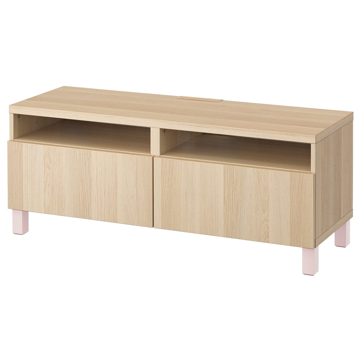 IKEA BESTÅ ława TV z szufladami, imitacja dębu bejcowanego na biało/Lappviken/Stubbarp różowy, 120x42x48 cm