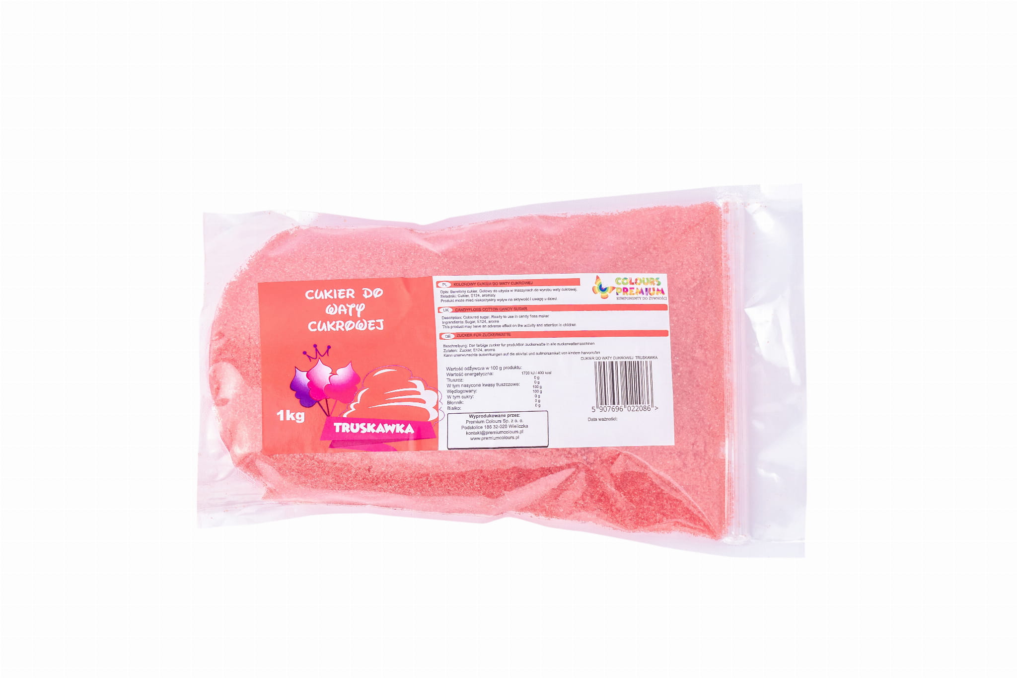 Kolorowy, smakowy cukier TRUSKAWKA worek 1kg