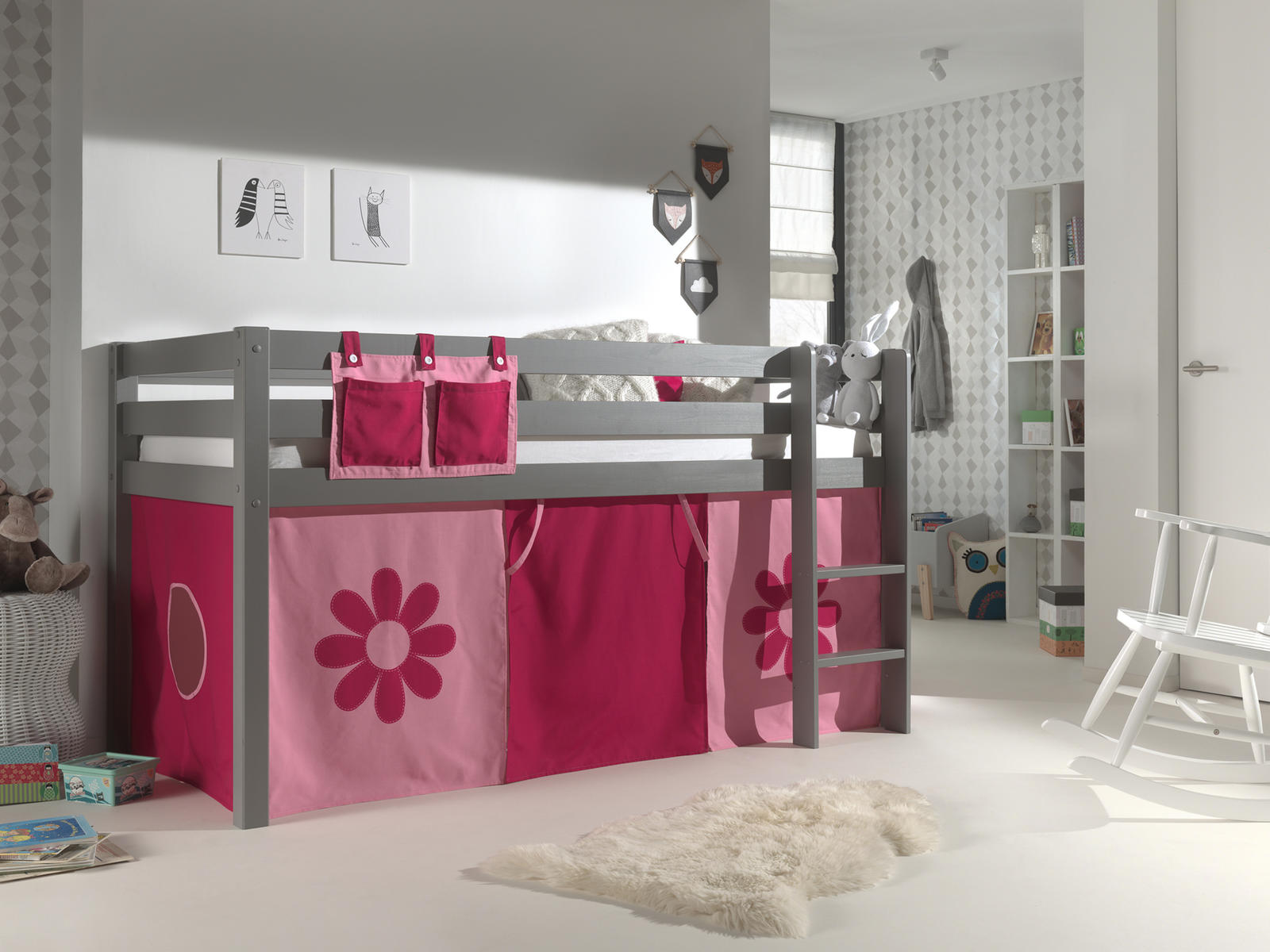 Łóżko dziecięce z litego drewna Pink Flower - Pino grey