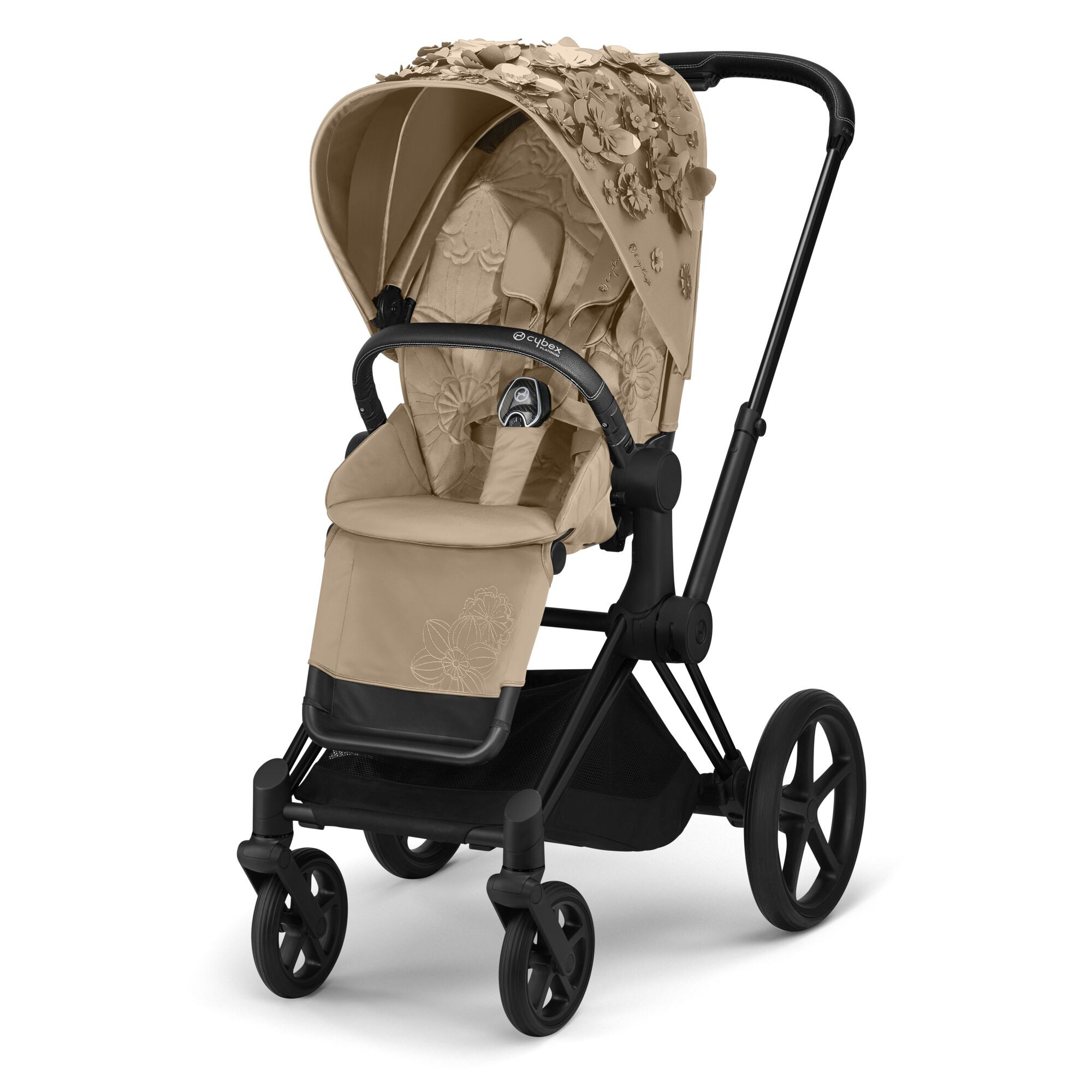 Cybex, Priam 2.0 Fashion Collection - wózek spacerowy -Simply Flowers Nude Beige-Chrome z brązową rączką