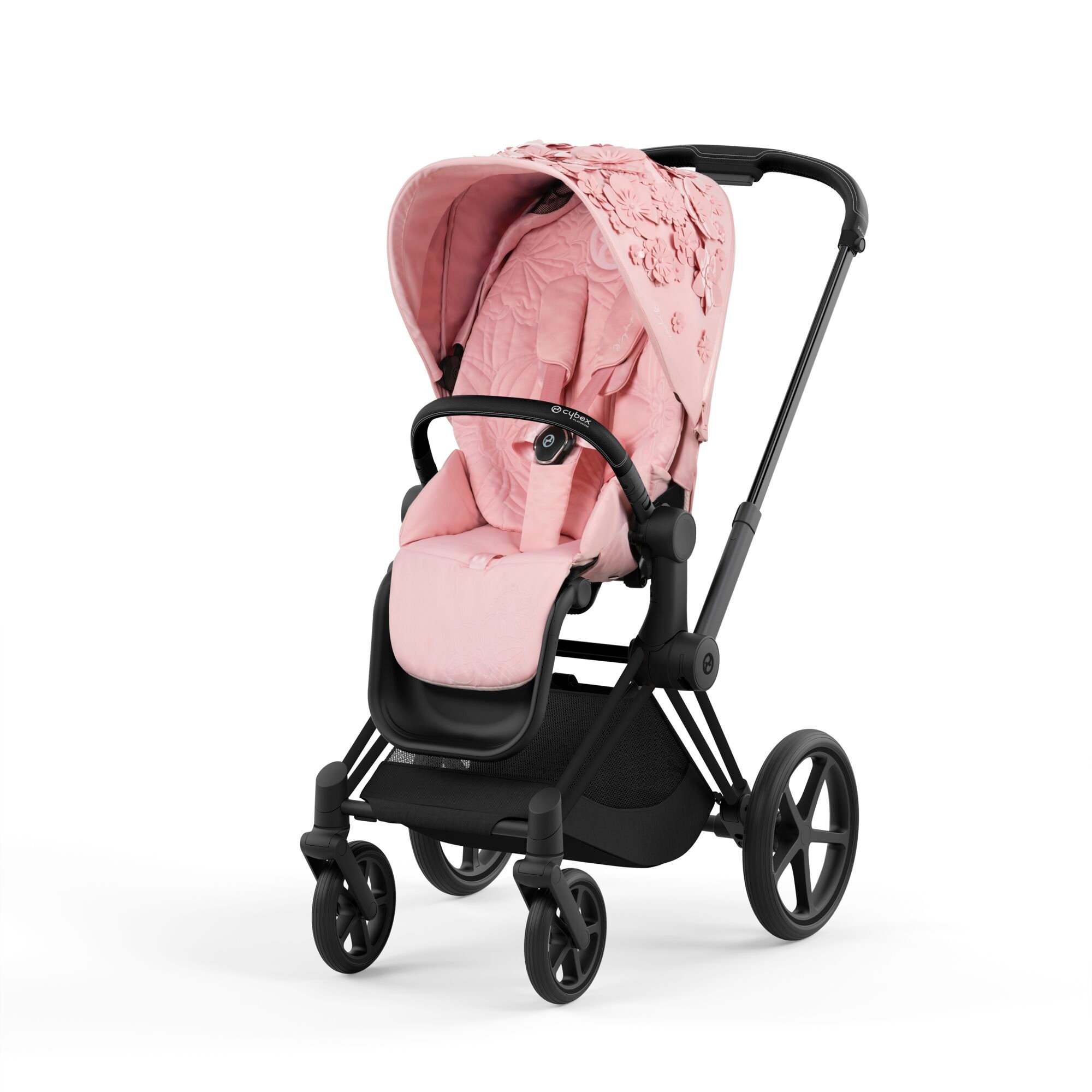 Cybex Priam 4.0 Fashion Collection - wózek spacerowy -Simply Flowers Pale Blush-Chrome z brązową rączką