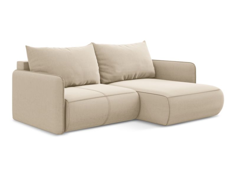 Narożnik prawostronny z funkcją spania Makamii Nanea z weluru 207x148 cm jasny beż 1 szt.