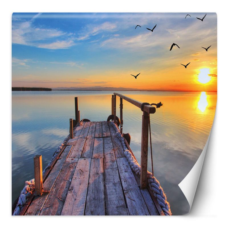 Fototapeta Feeby Zachód słońca nad jeziorem i lecące ptaki 100x100 1 szt