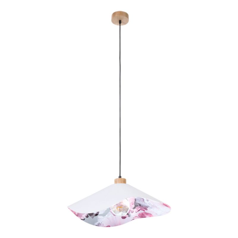 Drewniana Lampa Wisząca SPOT Light 1xE27 Max.40W Dąb Olejowany FSC z Szarym Abażurem w Kwiecisty Wzór, 1 szt.