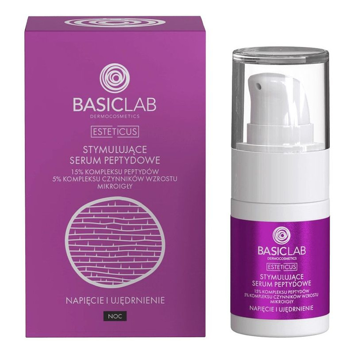 BasicLab Stymulujące Serum peptydowe 15 % peptydów, 5% kompleksu czynników wzrostu, mikroigły, Napięcie i Ujędrnienie, 15 ml