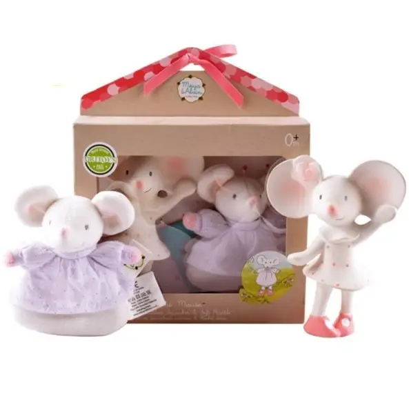 Zestaw prezentowy Baby Shower Set z miękką grzechotką i gryzakiem dźwiękowym z kauczuku Hevea Meiya Mouse BBTB