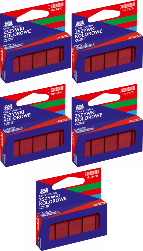 5x Zszywki kolorowe Grand, 24/6, 1000 sztuk, czerwony