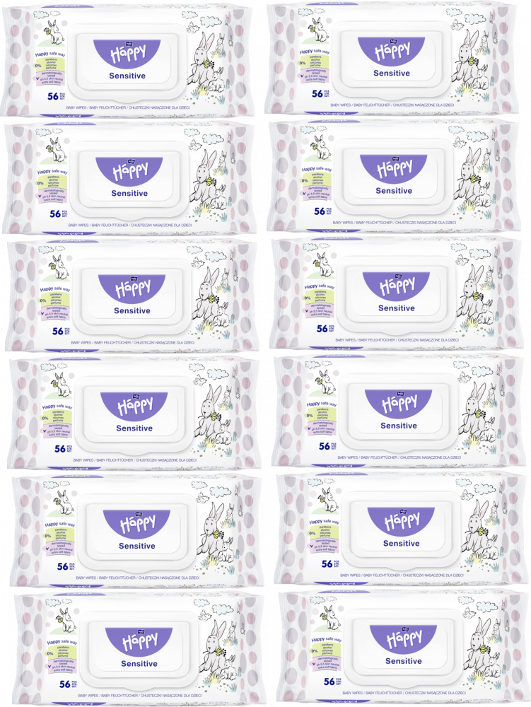 12x Chusteczki nawilżane dla dzieci Bella Happy Sensitive Aloe, 56 sztuk