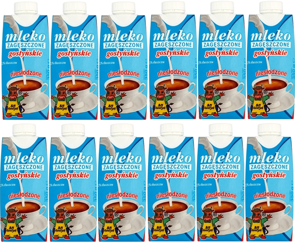 12x mleko zagęszczone niesłodzone Gostyń, 7.5%, 350g