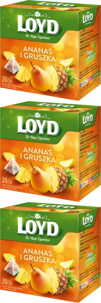 3x Herbata owocowa w piramidkach Loyd, ananas i gruszka, 20 sztuk x 2g