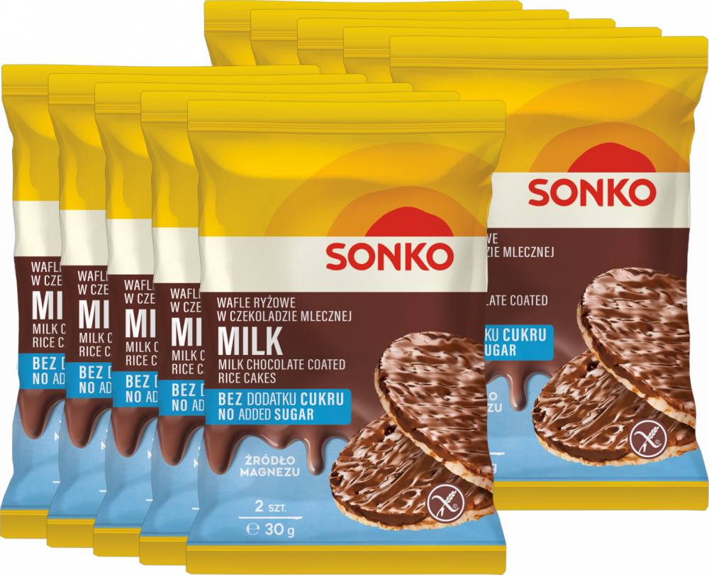 10x Wafle ryżowe Sonko, w czekoladzie mlecznej, bez dodatku cukru, 2 sztuki, 30g