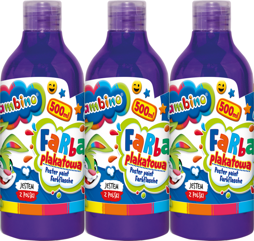 3x Farba plakatowa Bambino Zwierzaki Uczniaki, w butelce, 500ml, fioletowy