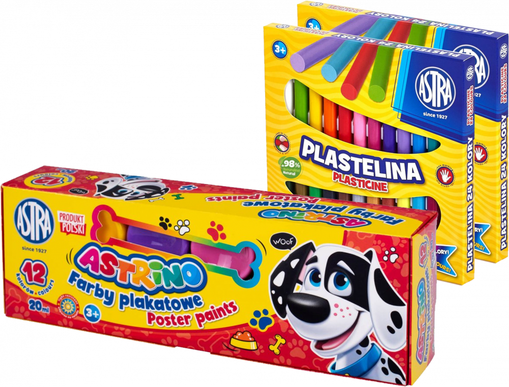 Zestaw: 2x Plastelina Astra, 24 kolory + Farby plakatowe Astra Astrino, 20ml, 12 sztuk, mix kolorów