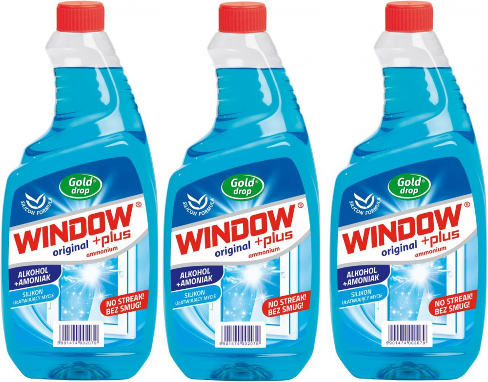 3x płyn do mycia szyb Window Plus Gold Drop, z amoniakiem, zapas, 750ml