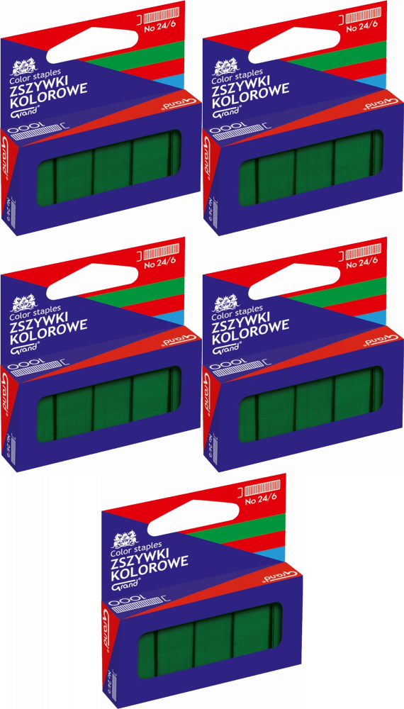 5x Zszywki kolorowe Grand, 24/6, 1000 sztuk, zielony