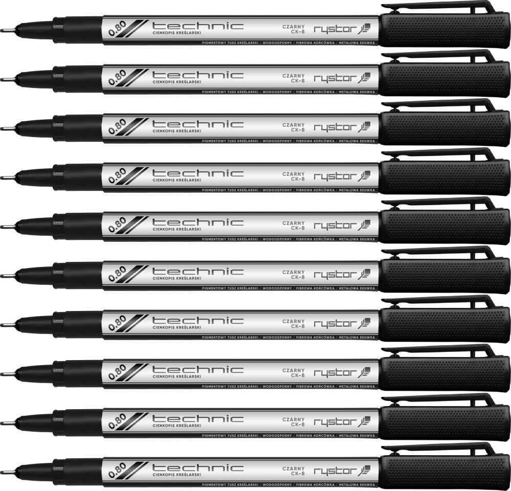 10x Cienkopis kreślarski Rystor Technic, 0.8 mm, czarny