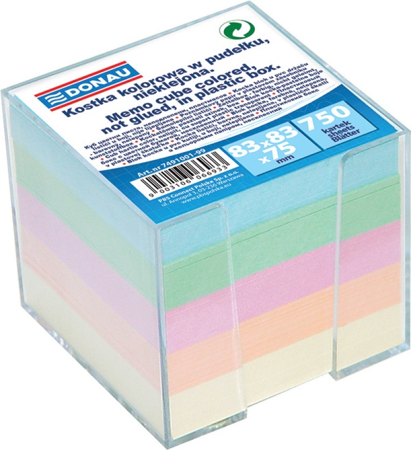 Karteczki do notatek w pojemniku Donau, nieklejone, 83x83x75mm, 750 kartek, mix kolorów