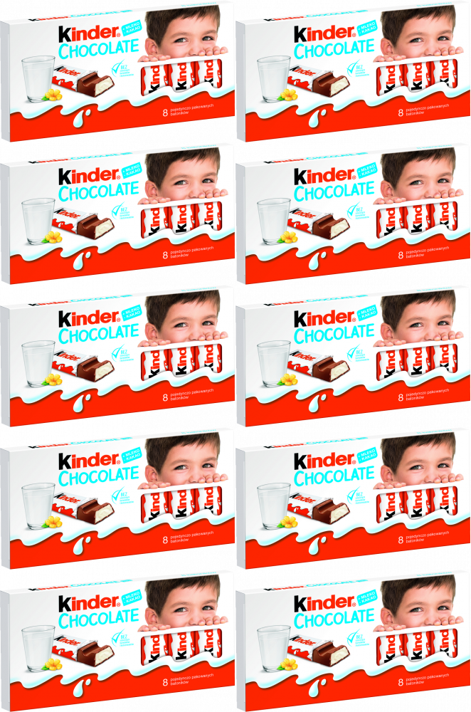 10x Czekolada Kinder, 100g, 8 batoników, mleczne nadzienie w czekoladzie