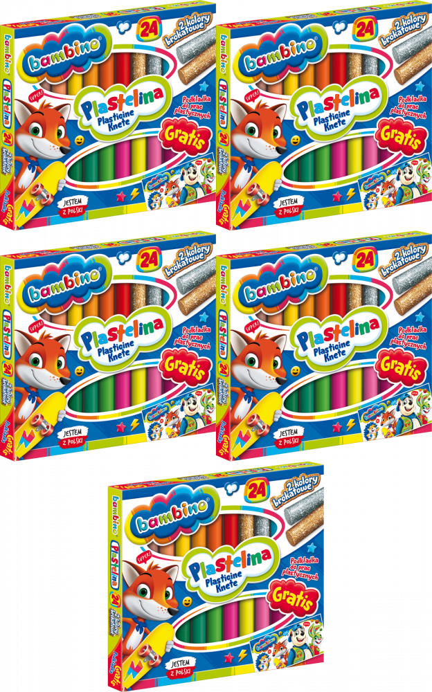 5x Plastelina Bambino Zwierzaki Uczniaki, 360g, 24 kolory + podkładka