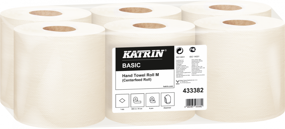 Ręcznik papierowy Basic M Katrin 433382, 1-warstwowy, w roli, 6x300m, 6 rolek, biały