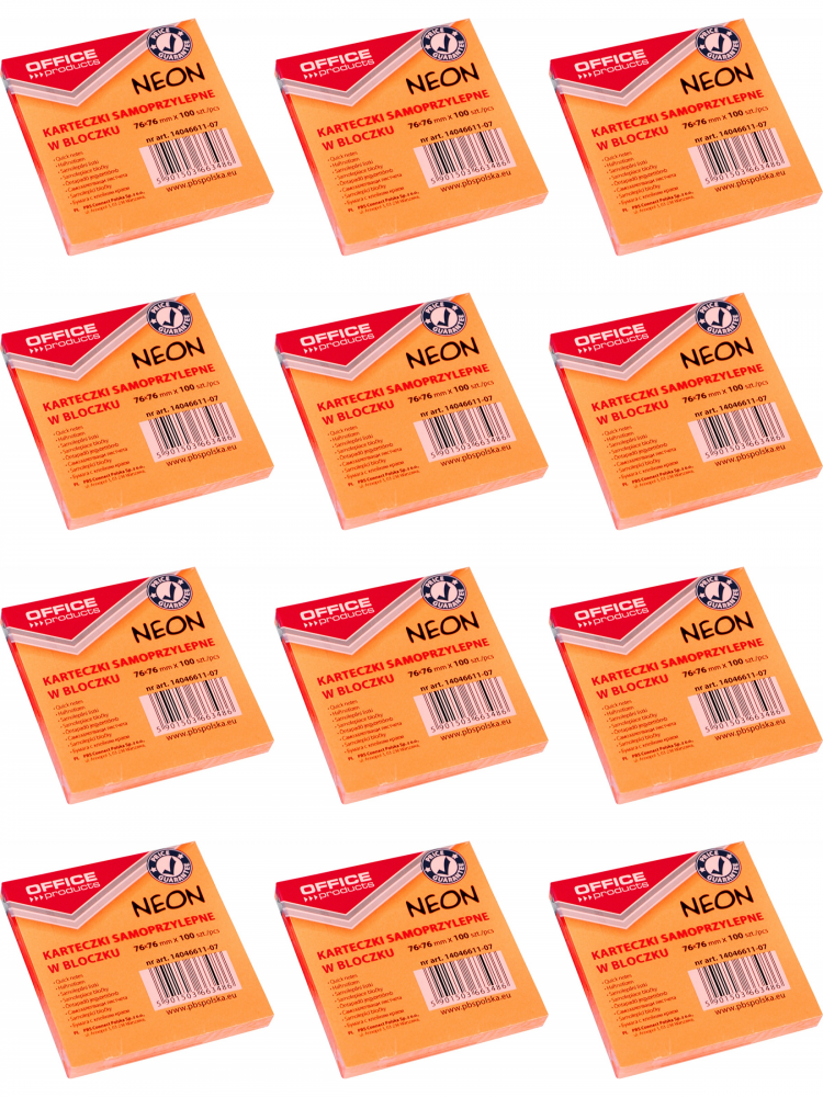 12x Karteczki samoprzylepne Office Products, 76x76mm, 100 karteczek, neonowy pomarańczowy