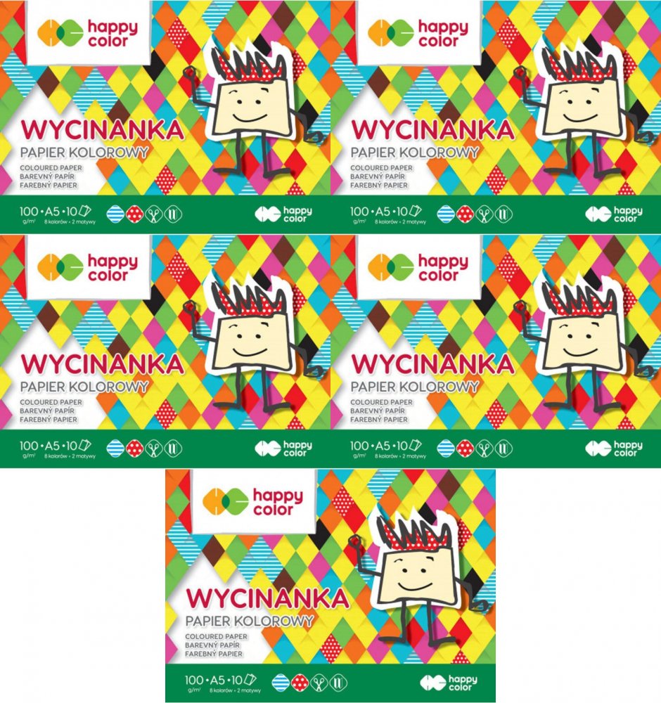 5x Zeszyt papierów kolorowych Happy Color Wycinanka, A5, 100g/m2, 10 kartek, mix kolorów