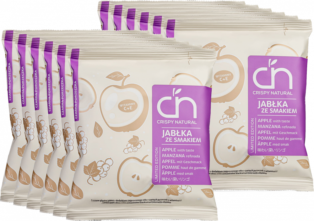 12x Suszone owoce Crispy Natural Jabłka ze smakiem, czarna porzeczka, chipsy, 18g