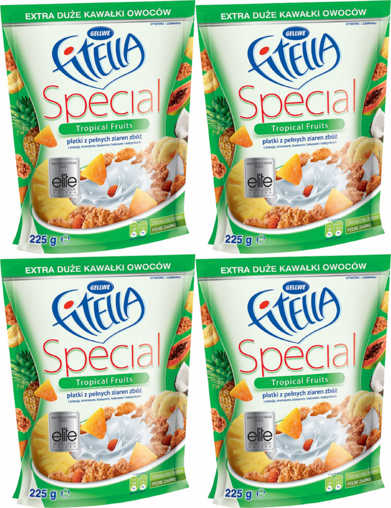4x Płatki śniadaniowe Fitella Special, owoce tropikalne, 225g