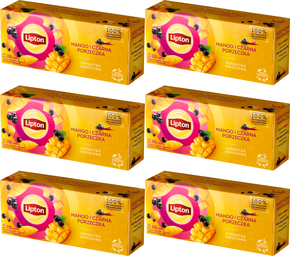 6x Herbata owocowa w torebkach Lipton, mango i czarna porzeczka, 20 sztuk x 1.7g