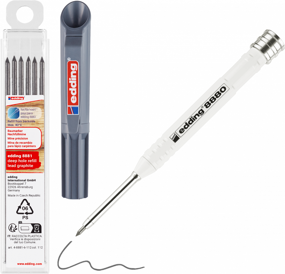 Ołówek budowlany edding e-8880, do głębokich otworów, grafitowy + 6 szt. wkładów e-8881