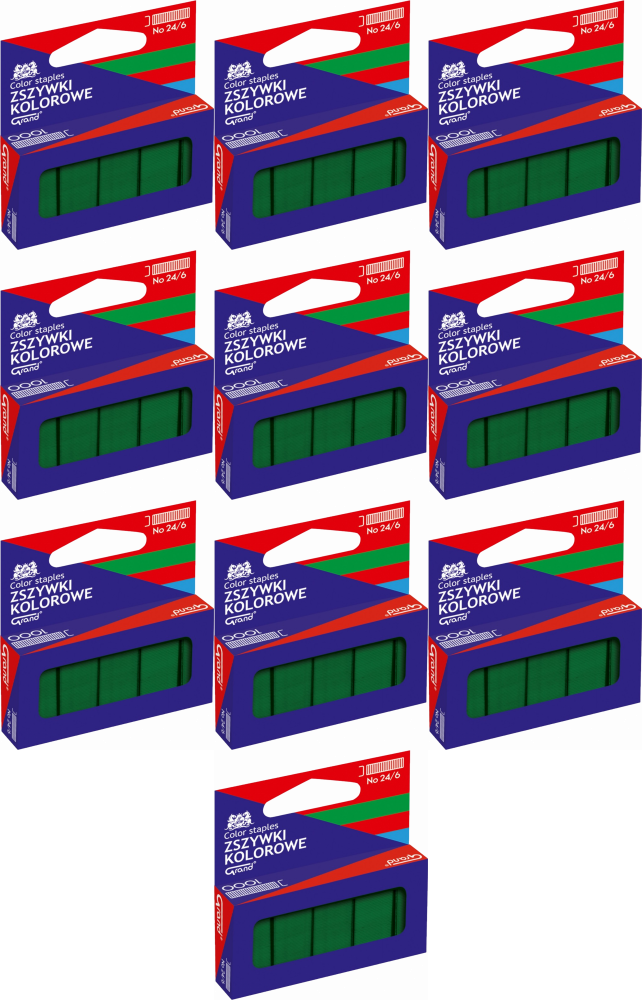 10x Zszywki kolorowe Grand, 24/6, 1000 sztuk, zielony