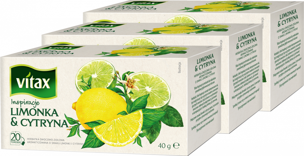 3x Herbata owocowa w torebkach Vitax Inspirations, limonka i cytryna, 20 sztuk x 2g