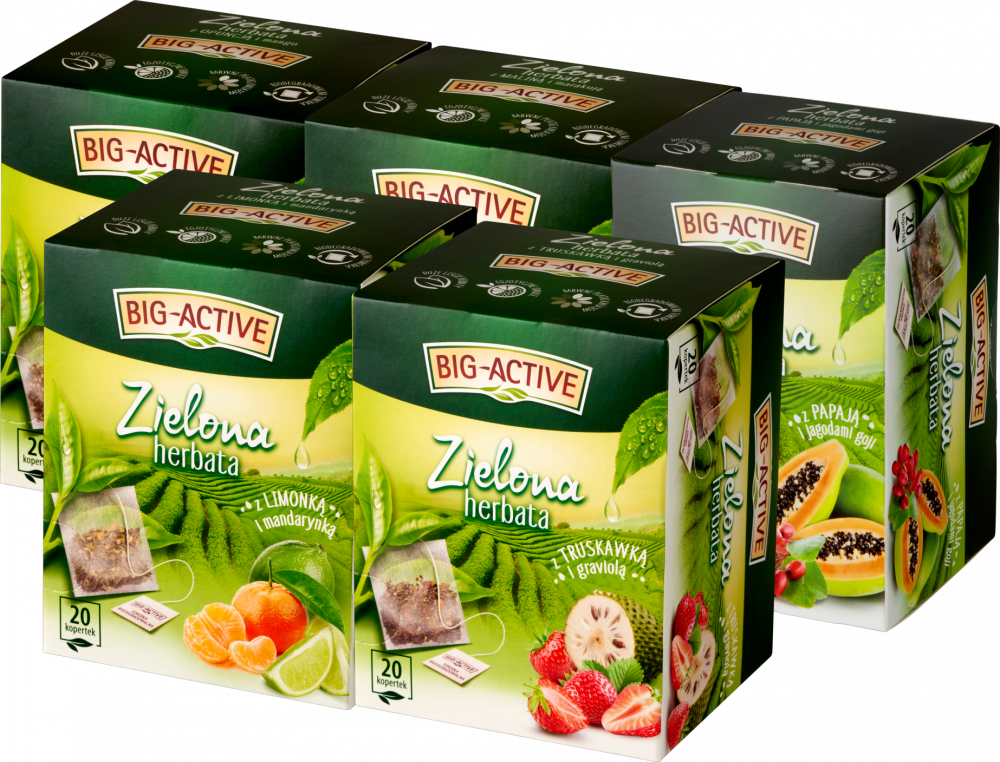 Zestaw 5x Herbata zielona smakowa Big-Active: malina, marakuja + opuncja, mango + papaja, jagody goji + truskawka, graviola + limonka, mandarynka