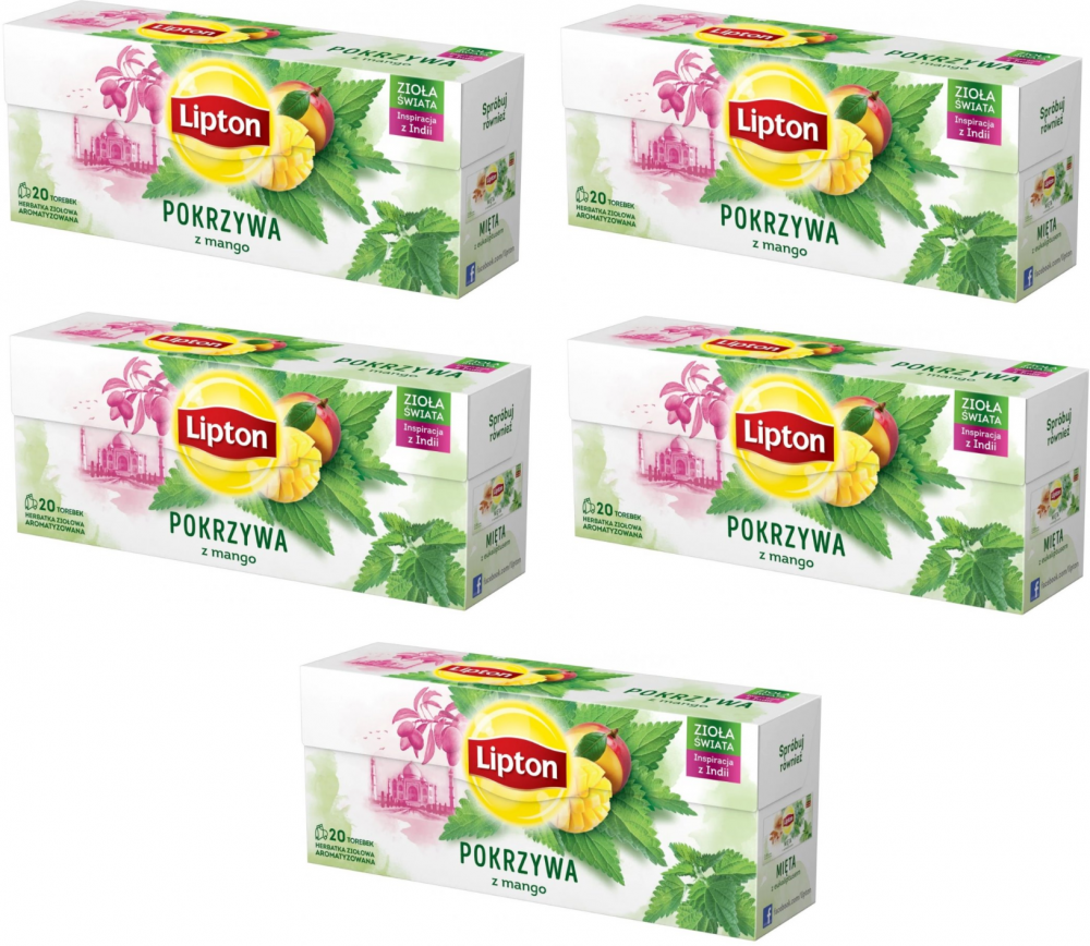 5x Herbata ziołowa w torebkach Lipton, pokrzywa z mango, 20 sztuk x 1.3g