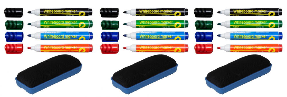 3x Marker suchościeralny D.Rect, okrągła, 4 sztuki, 1-3mm, mix kolorów + gąbka magnetyczna